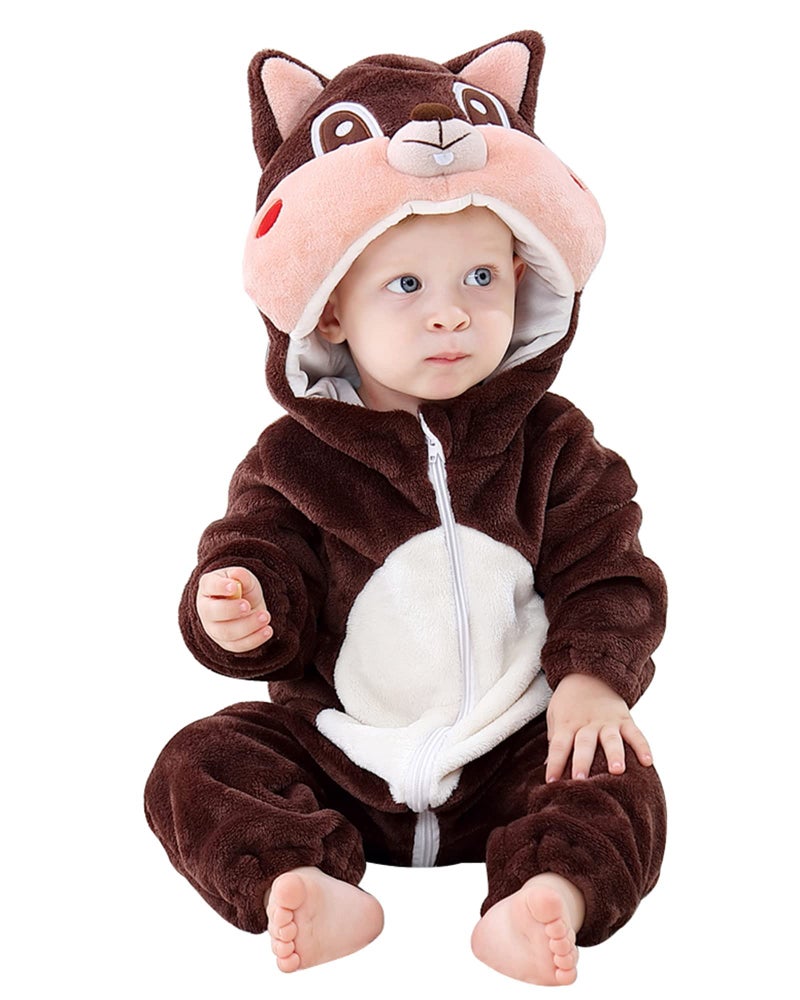 MICHLEY Unisex Baby Hooded Romper Winter Flannel Jumpsuit for 30-36months, Cartoon Cosplay Costume, Squirrel - Image 1